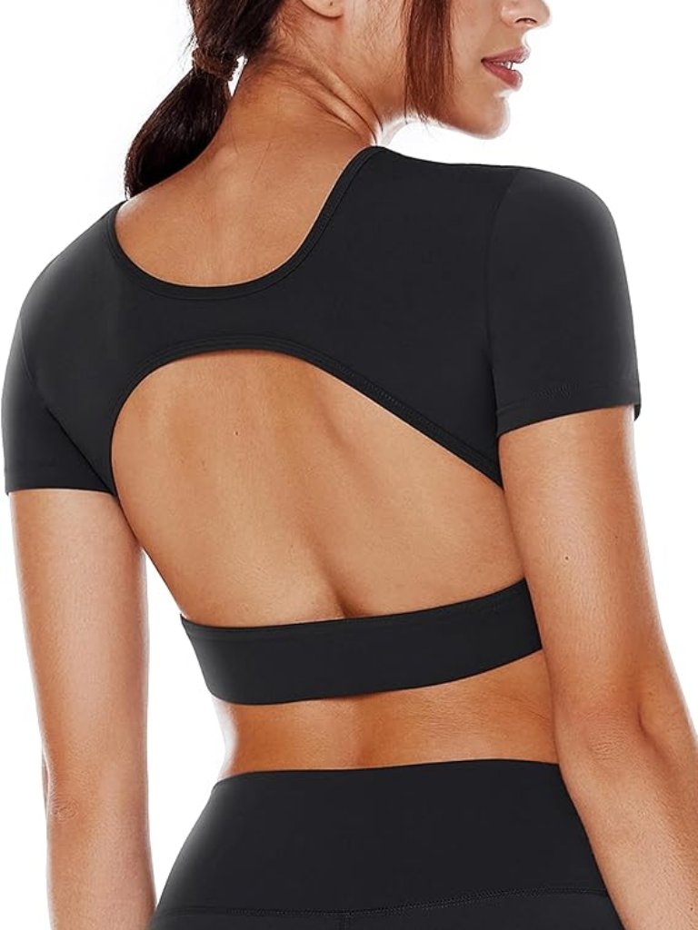 Open Back Workout Crop Tops For Women Mild Compression W/Bra